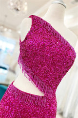 Prom Dress Two Piece, Fuchsia One Shoulder Lace-Up Sequins Homecoming Dress with Tassels