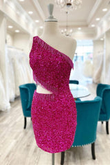 Wedding Guest Dress, Fuchsia One Shoulder Lace-Up Sequins Homecoming Dress with Tassels
