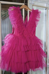Bridesmaid Dresses Pink, Fuchsia Ruffled Layers Plunging V Neck Homecoming Dress Short Grad Dresses