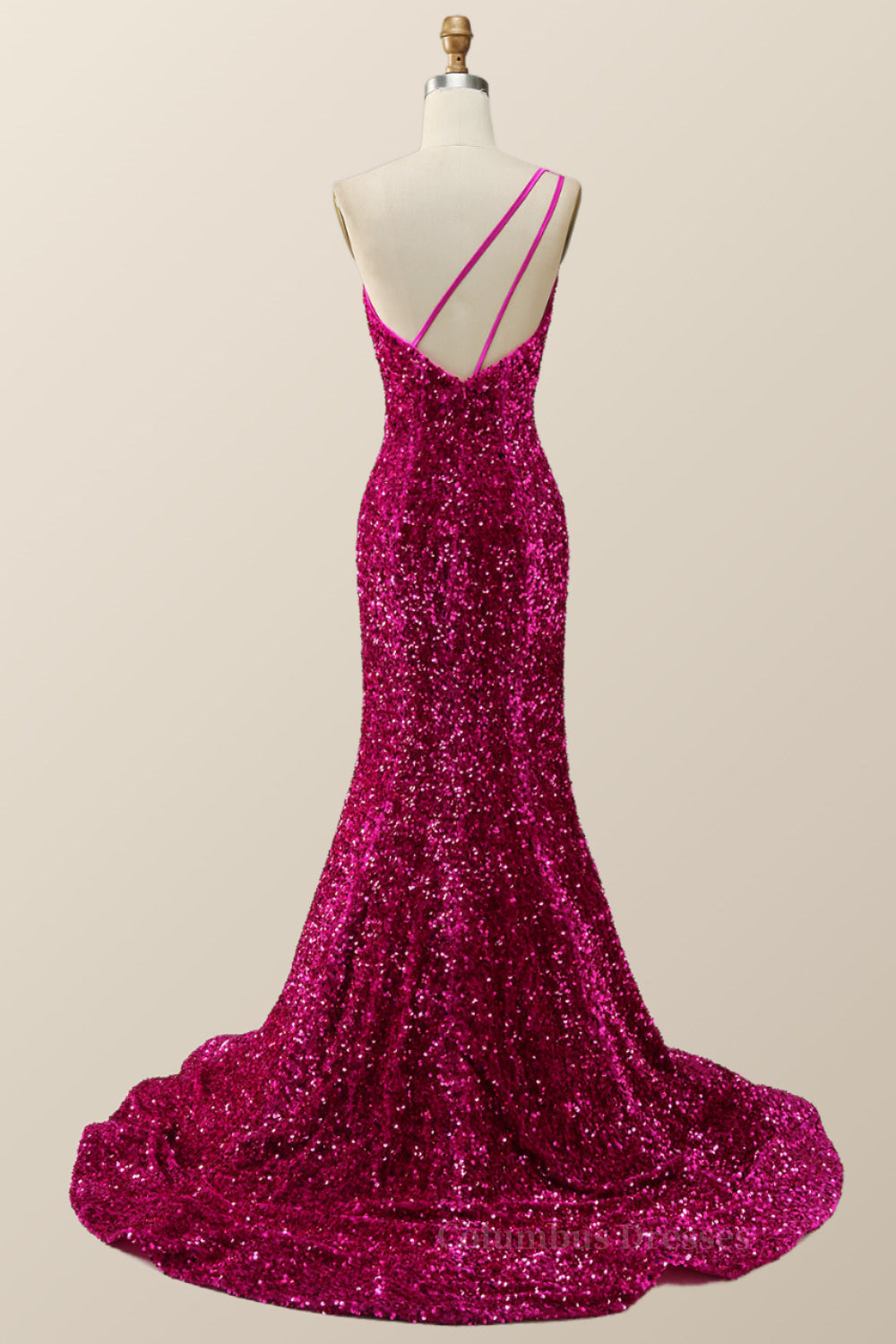 Prom Dresses Outfits Fall Casual, Fuchsia Sequin One Shoulder Mermaid Long Formal Dress