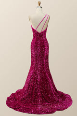 Prom Dresses Outfits Fall Casual, Fuchsia Sequin One Shoulder Mermaid Long Formal Dress