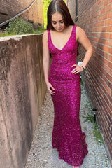 Fuchsia Sequins Backless Sheath Prom Dress