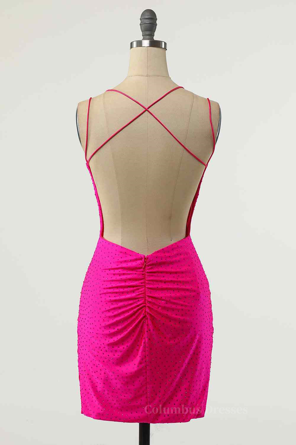 Party Dresses Jumpsuits, Fuchsia Sheath Double Straps Crossed Back Beaded Mini Homecoming Dress