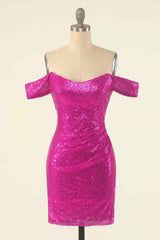 Party Dress Silk, Fuchsia Sheath Off-the-Shoulder Pleated Sequins Mini Homecoming Dress