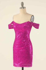 Party Dress Dames, Fuchsia Sheath Off-the-Shoulder Pleated Sequins Mini Homecoming Dress