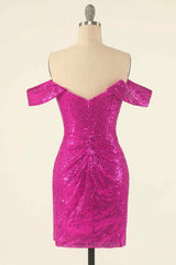 Party Dress Big Size, Fuchsia Sheath Off-the-Shoulder Pleated Sequins Mini Homecoming Dress