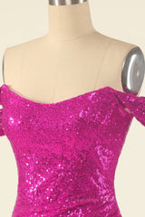 Party Dresses Glitter, Fuchsia Sheath Off-the-Shoulder Pleated Sequins Mini Homecoming Dress