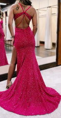 Fuchsia Sparkly Sequins Mermaid Open Back Long Prom Dress with Slit
