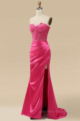 Bridesmaids Dresses Summer, Fuchsia Strapless Appliques Mermaid Long Prom Dress with Slit