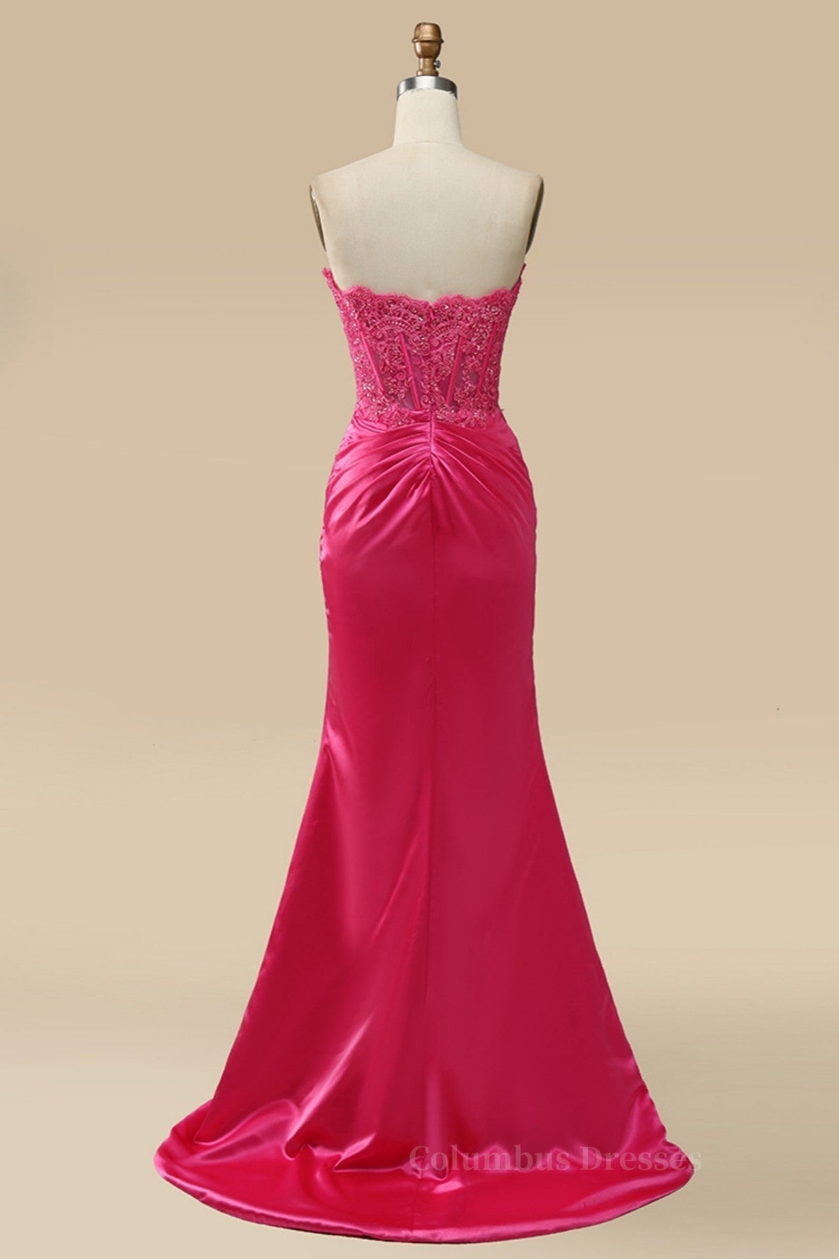 Bridesmaid Dress Summer, Fuchsia Strapless Appliques Mermaid Long Prom Dress with Slit