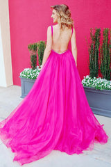 Fuchsia V-Neck Backless Long Prom Dress