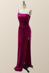 Prom Dresses For Skinny Body, Fuchsia Velvet One Shoulder Mermaid Long Formal Dress