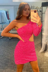 Fuchsia Waist Cut Out One Shoulder Tight Sequins Homecoming Dress with Sleeves