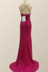 Bridesmaid Dresses Champagne, Fuchsia Sequin Mermaid Long Party Dress