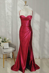Homecoming Dress Online, Lace-Up Burgundy Cowl Neck Ruched Long Party Dress