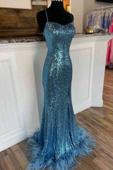 Prom Dresses Long, Long Sequined Blue Straps Prom Dress with Feather Hem