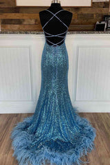 Prom Dresses Short, Long Sequined Blue Straps Prom Dress with Feather Hem