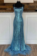 Short Black Dress, Long Sequined Blue Straps Prom Dress with Feather Hem
