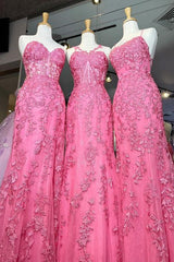 Homecoming Dress Pink, Gorgeous Hot Pink Lace Appliques Long Formal Dress