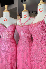 Homecoming Dresses With Sleeves, Gorgeous Hot Pink Lace Appliques Long Formal Dress