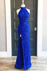 Homecoming Dress Shopping Near Me, Sequins High Neck Royal Blue Long Party Dress with Slit