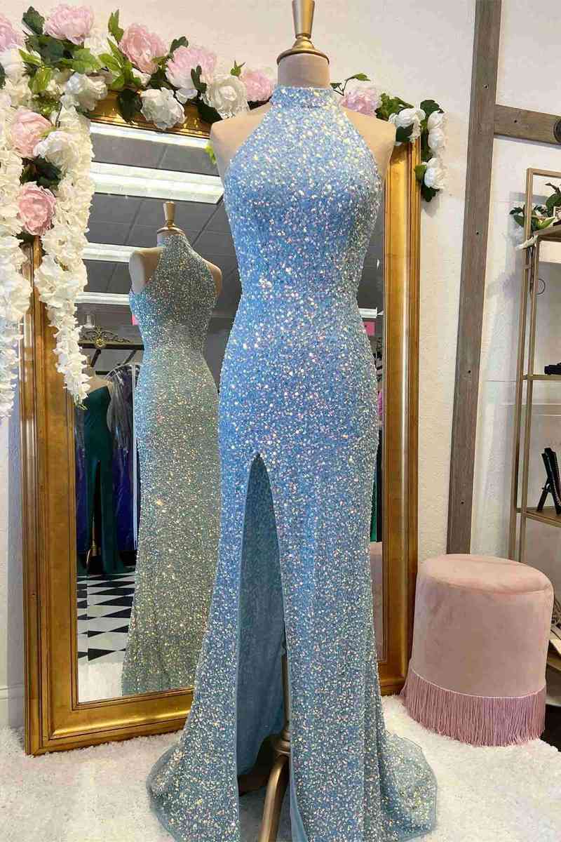 Homecoming Dresses Blue, Sequins High Neck Royal Blue Long Party Dress with Slit