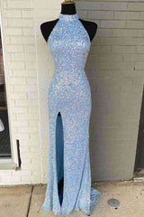 Homecoming Dress 2040, Sequins High Neck Royal Blue Long Party Dress with Slit