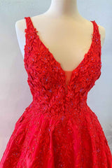 Prom Dresses Website, Princess Red Floral A-Line Satin Long Formal Dress