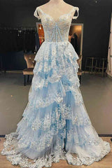 Homecoming Dress Beautiful, Light Blue Corset Lace Tiered Tulle Long Formal Dress