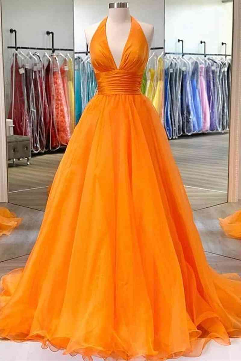 Prom Dresses Websites, Elegant Orange Halter A-Line Long Party Dress