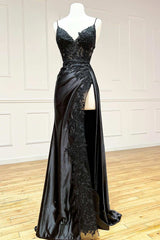 Prom Dress Blue Long, Black Floral Lace V-Neck Long Prom Dress with Slit