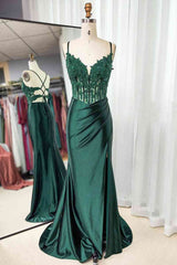 Homecoming Dresses Tight, Mermaid Emerald Green Straps Ruched Prom Dress with Slit