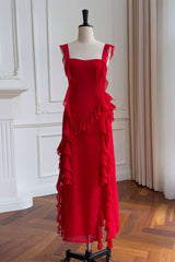Prom Dresses Under 68, Square Neck Red Ruffle Chiffon Long Party Dress