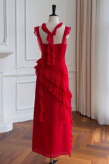 Prom Dress Ideas Unique, Square Neck Red Ruffle Chiffon Long Party Dress