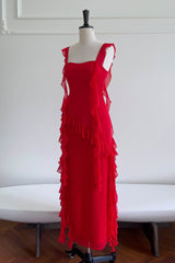 Prom Dress 2041, Square Neck Red Ruffle Chiffon Long Party Dress