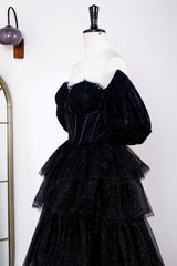 Prom Dresses With Sleeves, Glitter Off the Shoulder Black Beaded Puff Sleeves Layered Prom Dress