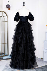 Prom Dresses Blue, Glitter Off the Shoulder Black Beaded Puff Sleeves Layered Prom Dress