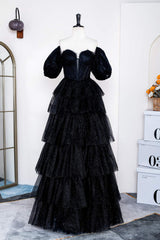 Prom Dress Ball Gown, Glitter Off the Shoulder Black Beaded Puff Sleeves Layered Prom Dress