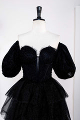 Prom Dresses Lace, Glitter Off the Shoulder Black Beaded Puff Sleeves Layered Prom Dress