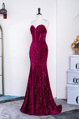 Prom Dress Casual, Sweetheart Fuchsia Sequin Mermaid Prom Dress