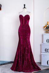 Prom Dress With Long Sleeves, Sweetheart Fuchsia Sequin Mermaid Prom Dress