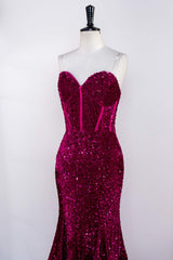 Prom Dresses With Long Sleeves, Sweetheart Fuchsia Sequin Mermaid Prom Dress