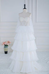 Prom Dress Style, Off the Shoulder White Beaded Top Ruffle Tiered Prom Dress