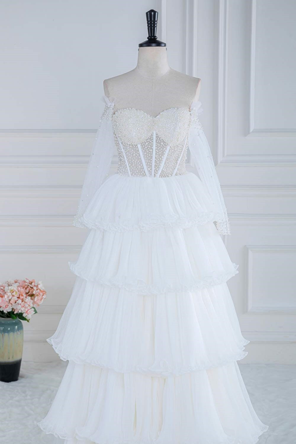 Prom Dresses Style, Off the Shoulder White Beaded Top Ruffle Tiered Prom Dress