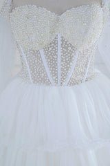 Prom Dress Styles, Off the Shoulder White Beaded Top Ruffle Tiered Prom Dress