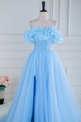 Prom Dresses Brands, Blue Off the Shoulder Flower A-Line Tulle Prom Dress