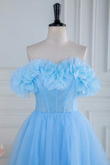 Prom Dress Stores Near Me, Blue Off the Shoulder Flower A-Line Tulle Prom Dress