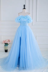 Prom Dresses Stores Near Me, Blue Off the Shoulder Flower A-Line Tulle Prom Dress