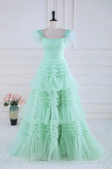 Prom Dresses Elegent, Cold Shoulder Feathers Mint Green Layered Tulle Prom Dress