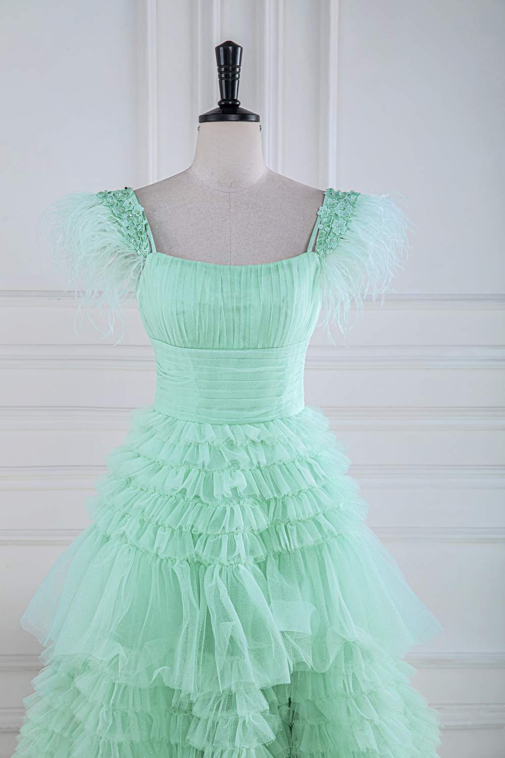 Prom Dress Shops Near Me, Cold Shoulder Feathers Mint Green Layered Tulle Prom Dress